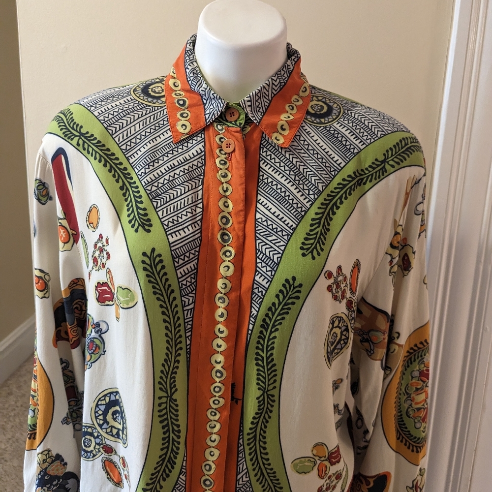 Vintage Mondi German designer cream, green and orange print top size M - Picture 5 of 8